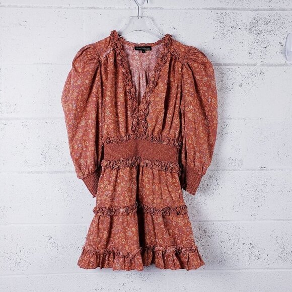 HOUSE OF HARLOW 1960 Wallis Rust Floral Ruffle Boho Smocked Dress Size Small - Picture 1 of 7